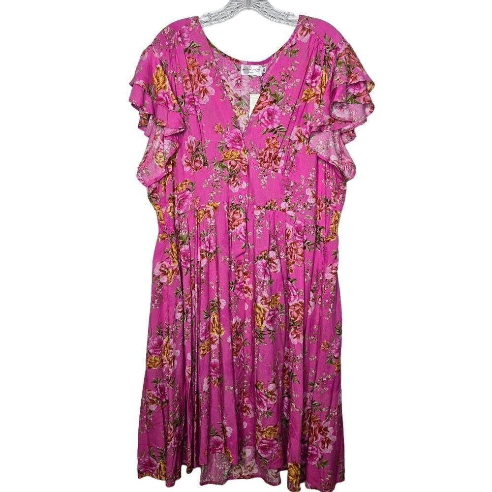 Proud Poppy Alexis Dress Pink Floral Button Front Flutter Sleeves Size XL